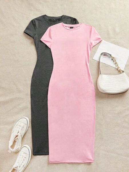 SHEIN EZwear 2pcs/Set Casual Minimalist Short Sleeve Bodycon Midi Dress, Suitable For Spring/Summer Suitable For Going Out Chic Dress