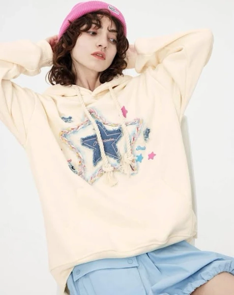 Aelfric Eden Denim Hoodie with Star Applique Embroidery