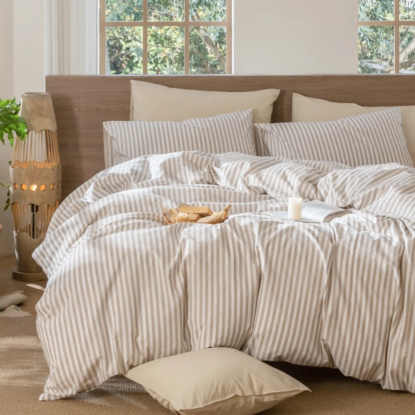 MooMee Striped Duvet Cover Set 100% Washed Cotton Linen Like Textured