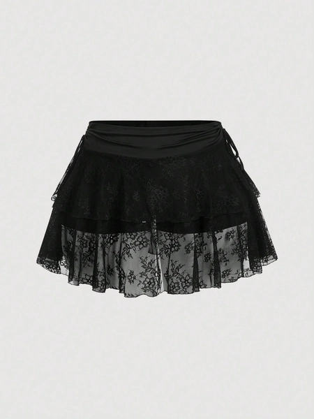 SHEIN MOD Plus Size Women's Black Lace Drawstring Waist Mini Skirt,New Years,Rave Festival,Y2k,Sexy Skirt,Western Wear,Country,Valentine Day