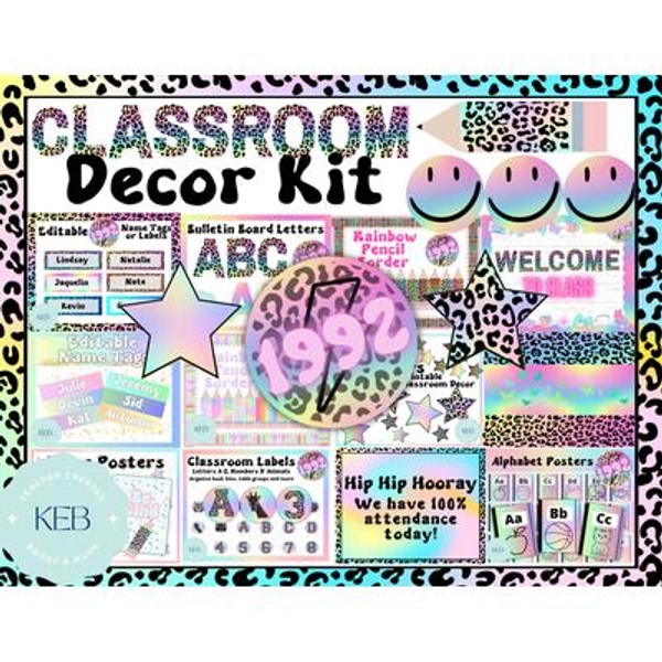 1992 Retro Rainbow Cheetah Classroom Decor Kit Bundle with 12 Products Included