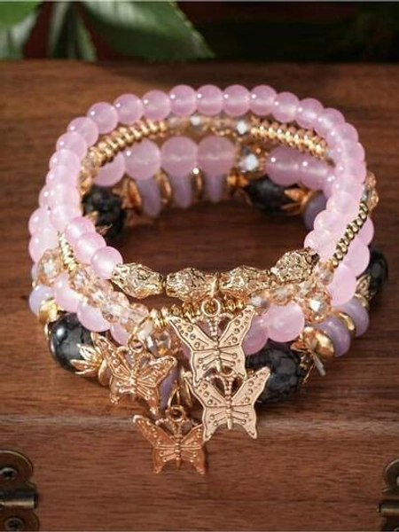 4Pcs/Set Multilayer Butterfly Pendant Time Rhinestone Beaded Bracelet Perfect For Daily Gifts