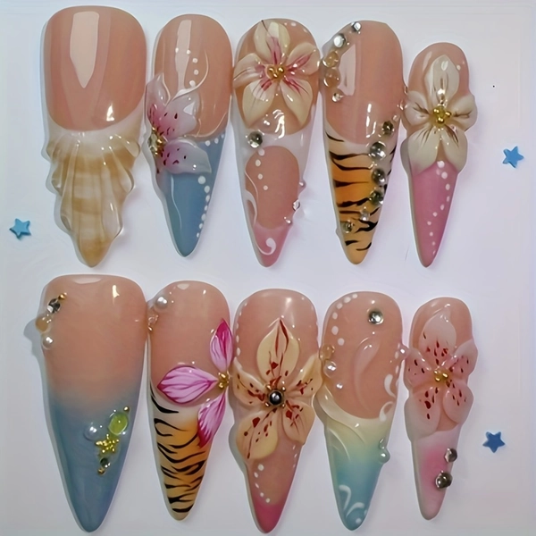 10pcs 3D Hand-Worn Gemstone Nail Art Patches - Almond Shape Medium Length Glossy Press-On Nails with Summer Ocean Flowers, Leopard Print & Glitter Designs, Nude & Multicolor Mix for Parties, Travel, Halloween, Thanksgiving - Durable DIY Manicure Set with Easy Application & Long-Lasting Wear, High Quality Nail, Short Pres On Nail For Women, Medium Length Pres On Nail, Pres On Nail For Women, Handmade Pres On Nail, Short Pres On Nail, Pres On Nail Short, Nail Pres On