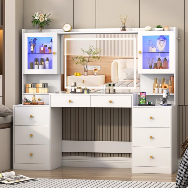 ChVans 62'' Large Vanity Desk with Tempered Glass Top, 60000-color LED Lights, Charging Station, White Makeup Vanity with 3 Lights Mode LED Mirror, 9 Drawers, 2 RGB cabinets for Women, Girls Gift