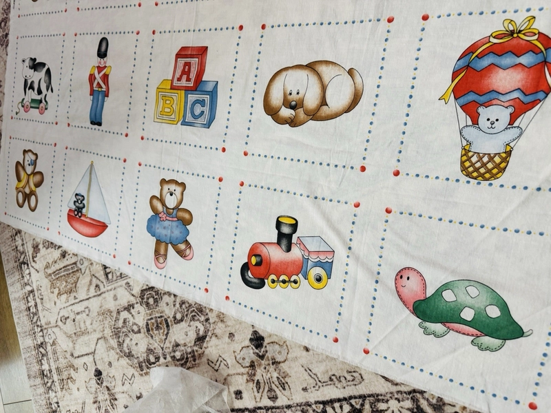 Vtg Folk Art PULL TOYS Bears Blocks Toy Soldier 80s PRINCESS FABRICS Panel sq