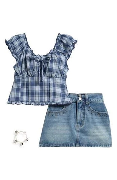 Tween Diva Girls' Plaid Babydoll Top and Denim Skort Set