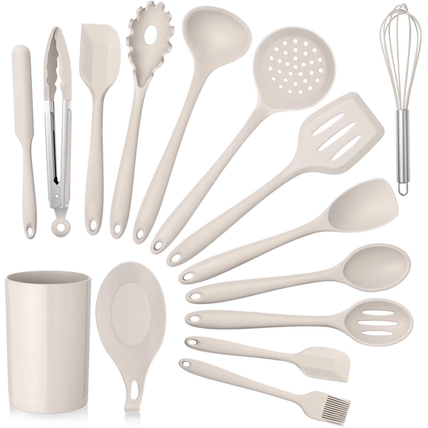 Vesteel 15-Piece Kitchen Utensils Set, Silicone Cooking Utensils with Holder, Non-stick Cookware Friendly & Heat Resistant - Khaki - Walmart.com