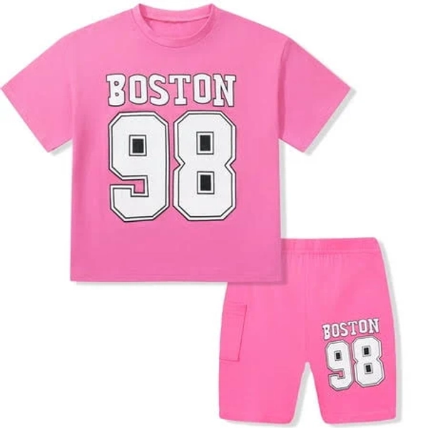 Girls' Letter Print Round Neck Short Sleeved Tee Shirt and Biker Shorts Outfit Set