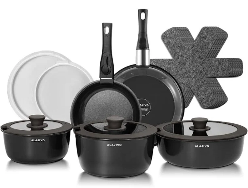 Non Stick Pots and Pans Set 17 Piece, Induction Hob Pan Set with Removable Handle, Kitchen Stackable Ceramic Cookware Sets, Frying Pan Saucepan Saute