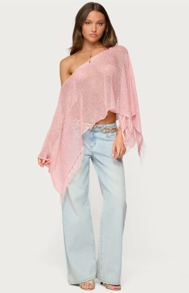 Sequin Fringe Knit Poncho