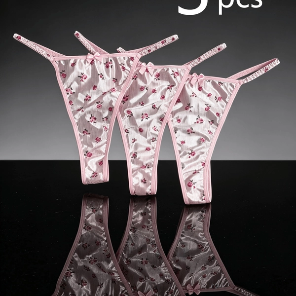 3pcs Women' Vintage Rose Floral Thong Panties - Soft Satin Bowknot Underwear, Breathable -String Suitable for Daily Wear, Non-Sheer Bow Briefs, Machine Washable for Sensitive Skin & Retro Lingerie