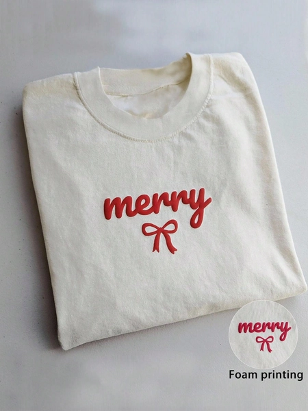 INAWLY Christmas Gift | Christmas Puff Sleeve Sweatshirt | Merry Christmas Puff Sleeve Sweatshirt | Cute Bow Tie Blouse | Christmas Puff Sleeve Round Neck Women's Foil Print Sweatshirt