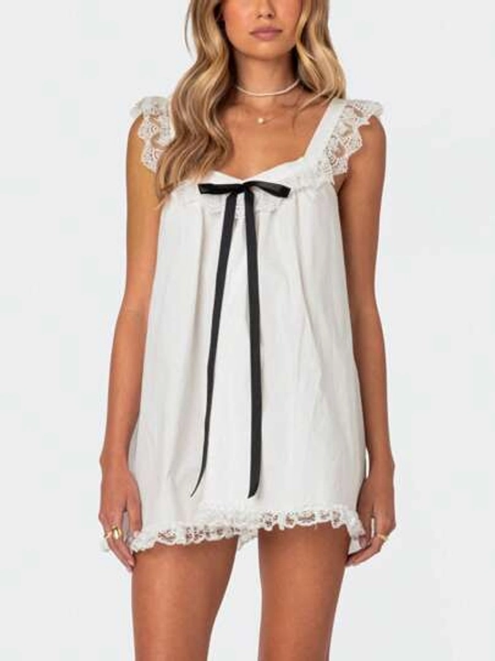 Women Summer Casual Mini Dress Lace Trim Fly Sleeve Bowknot Embellished Short Dress - Size XL