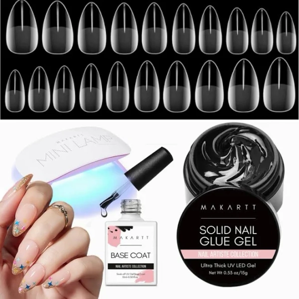 Makartt Gel x Nail Kit , Solid Nail Glue Gel with 500pcs Half Matte Almond Nails Tips & U V LED Nail