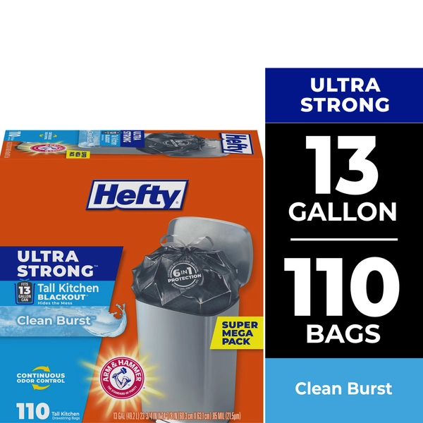 Hefty Ultra Strong 13 Gallon Trash Bags, Tall Kitchen Trash Bags, Blackout, Clean Burst Scent, 110 Bags - Walmart.com