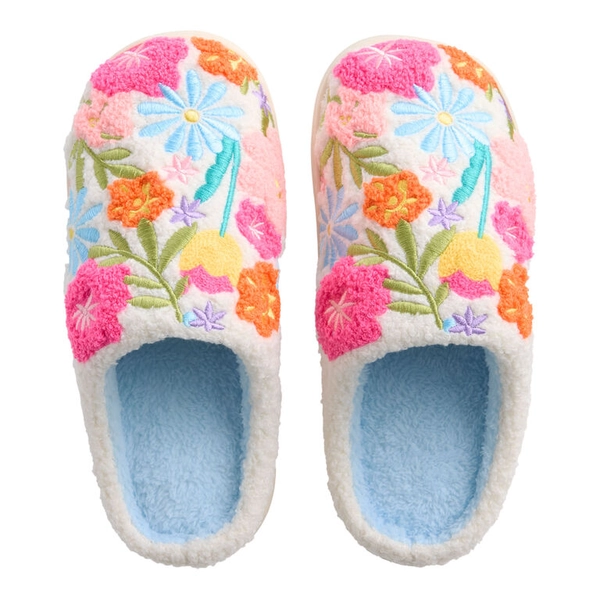S/M Blue and Red Fuzzy Plush Floral Embroidered Slippers