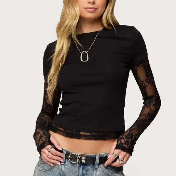 Edikted Women's Layered Lace Sleeve T-Shirt