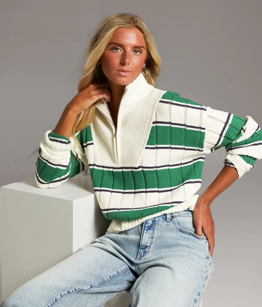 Small Green Navy White Prep Edit - Striped Quarter Zip Sweater