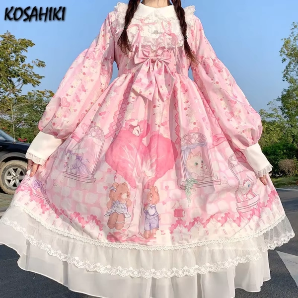 KOSAHIKI Lolita Style Sweet Dress Women Cartoon Bear Sister Princess Dresses Kawaii  Japanese Female Pink Long Sleeve Vestido - AliExpress 200000345