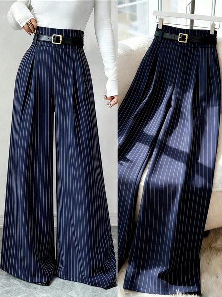 Selianne Women's New Navy Blue Striped Suit Pants, High Waist Elegant Fashion High-End Pleated Elastic Waist Straight Loose Wide Leg Casual Pants, Suitable For Spring/Autumn, Daily Commute, Versatile