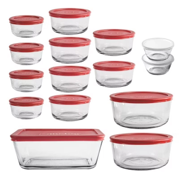 Anchor Hocking 30pc Glass Food Storage Set with Cherry Lids: Tempered Glass Containers & Bowls, Dishwasher-Safe