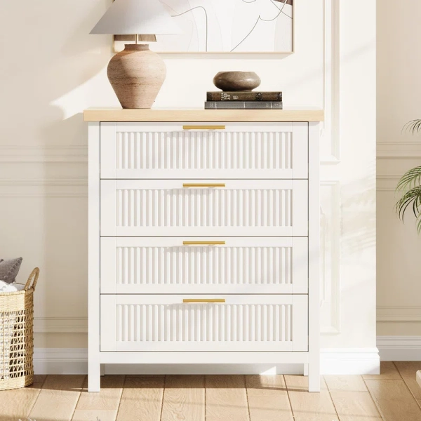 Latitude Run® 35.4-Inch Tall Fluted 4-Drawer Cabinet in White & Wood Tone - Engineered Wood Storage with Deep Drawers for Bedroom, Living Room, Closet or Hallway | Wayfair