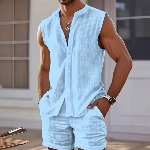 2025 New Men's Vest Shirt, Sleeveless Top and Shorts Plaid Two-Piece Set, Casual Trendy Sleeveless Shorts Hawaiian Beach Set - AliExpress 200000343