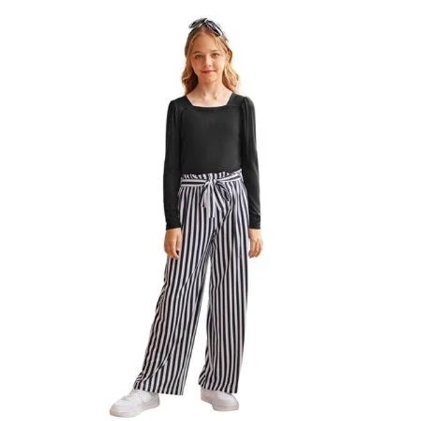 Arshiner Girls Clothing Sets Square Neck Rib Knit Shirts + Stylish Wide Leg Pants + Headband Cute 3pcs Fall Clothes Outfits, Girl's, Size: 8-9 Years