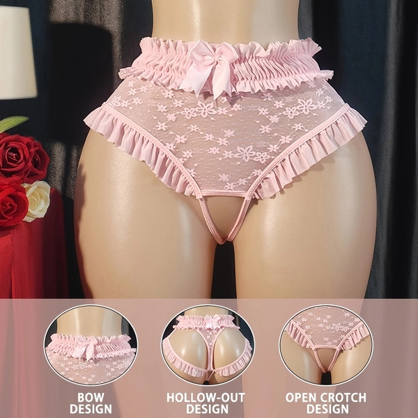 Valentine'S Day European And American Women'S Sexy Triangle Panties Lace Multi-Layer Ear Loop Triangle High Waist Underwear Ultra-Thin Open Crotch Underpants 1pc
