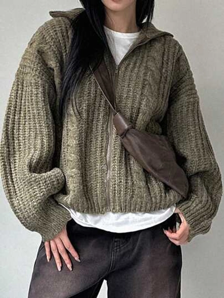 Dazy-Less Drop Shoulder Zipper Front Cardigan,Three Quarter Sleeve Tops Jacket