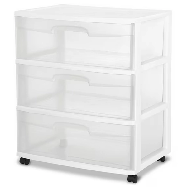 Sterilite Wide 3 Drawer Cart, Clear Plastic Storage Drawers, Wheels Included, White