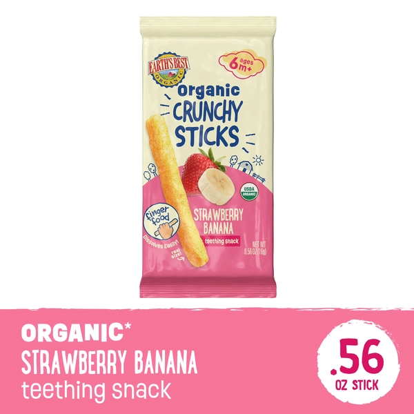 Earth's Best Organic Teething Crunchy Sticks Strawberry Banana Puffed Baby Snack, 0.56 oz Bag - Walmart.com