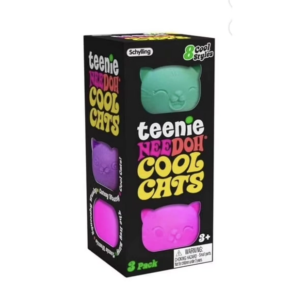 NEEDOH Teenie cool cat sQUSHI , STRESS RELIEVER, FIDGET , SENSORY BALL , COLORS MAY VARY, 3 cats PER PACK
