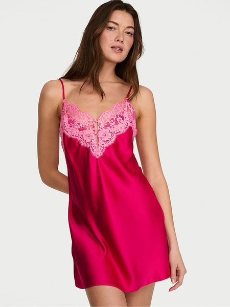 Vibrant Fuschia Pink Mini Satin Lace Trim Slip Dress - Size X-Small
