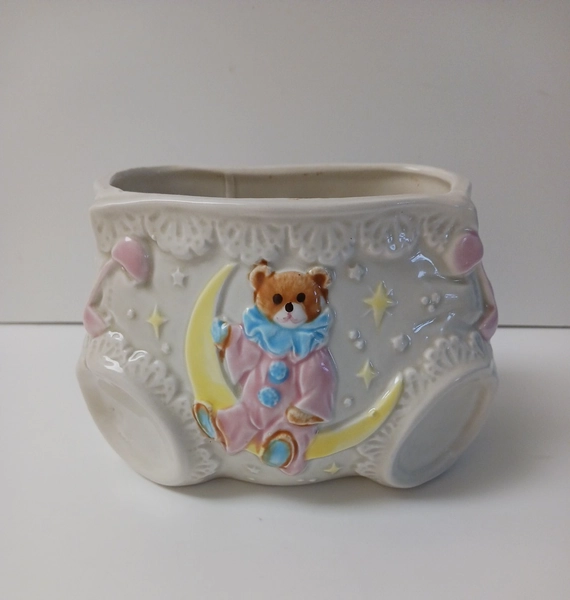 VTG Inarco 5-1/2" Baby Diaper Planter Pink Teddy Bear Yellow Moon Nursery Japan