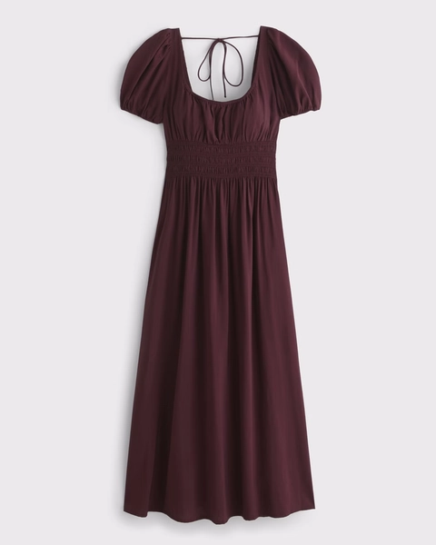 Puff Sleeve Smocked Waist Midi Dress