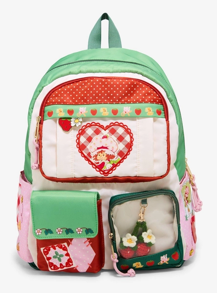 Strawberry Shortcake Patchwork Multi-Pocket Backpack with Crochet Strawberry Charm - BoxLunch Exclusive