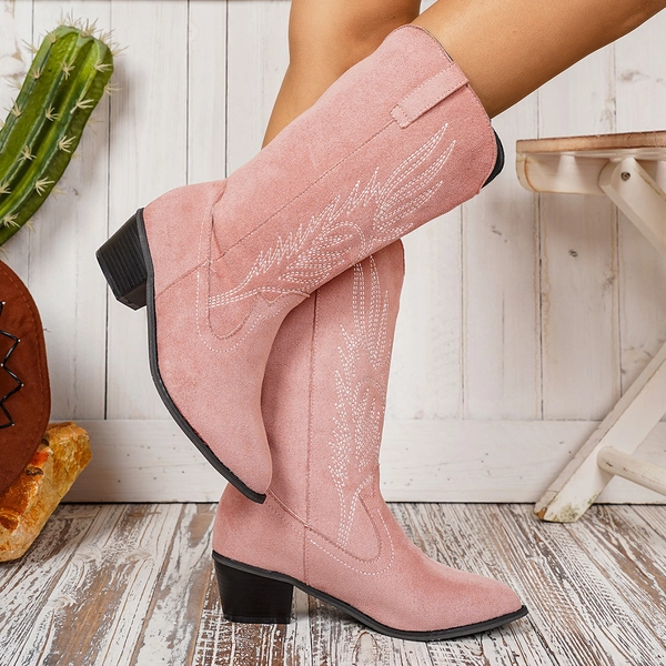 Teenage Milk Tea Color Western Mid-Calf Boots Embroidered Pointed Chunky Heel Boots Student Retro All-Match Knight Boots