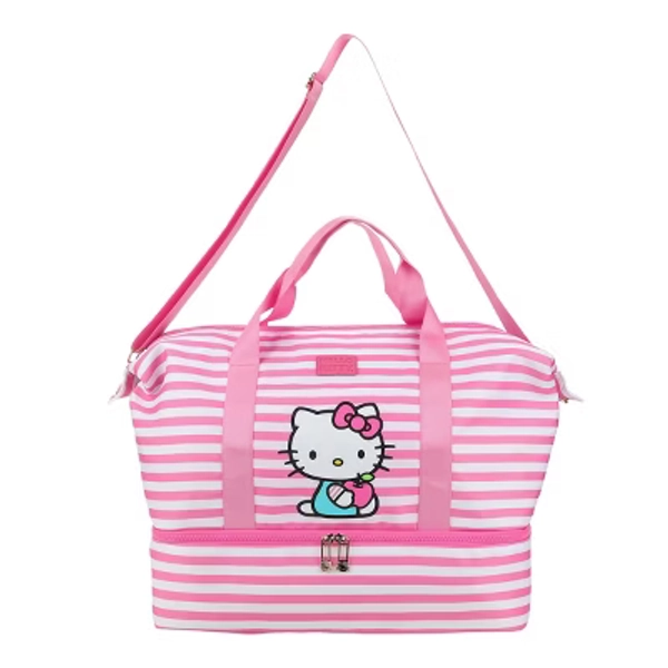 Hello Kitty Character 17" Pink & White Striped Duffle Bag
