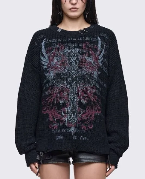 Minga London Oversized Distressed Graphic Sweater