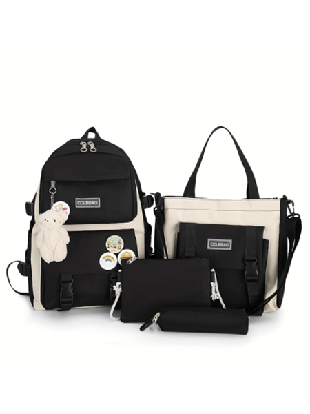 4pcs/Set Simple Leisure Backpack Large Capacity Schoolbag Travel Bag Canvas Shoulder Bag