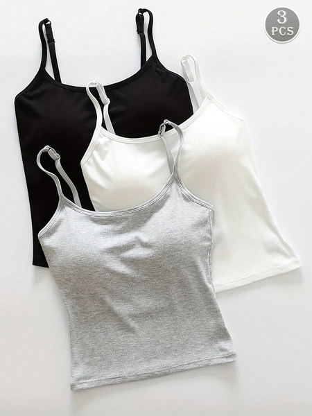 3pcs Women Plain Ribbed Camisole With Padded Bra, Casual Skinny Crop Top