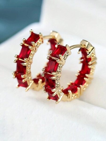 1 Coppia Moda Orecchini a Cerchio dorati d'angolo rettangolare con angolo retto rosso, Regalo di gioielli per ragazze