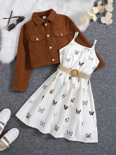 SHEIN Butterfly Cami Dress Girls Suit Sets Cord Jacket Tween Girl White Belted Flap Detail Collar Regular Fit Vintage Casual All Season Kids Outerwear