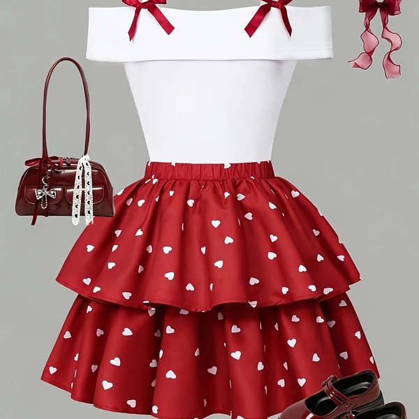 New Spring/summer Girls' Fashion Set Featuring a Gentle, Elegant, and Versatile Design. The Top Has Delicate Bow Decorations and Thin Spaghetti Straps in a Solid Color, Paired with a Skirt with a Heart-pattern Print. This Comfortable