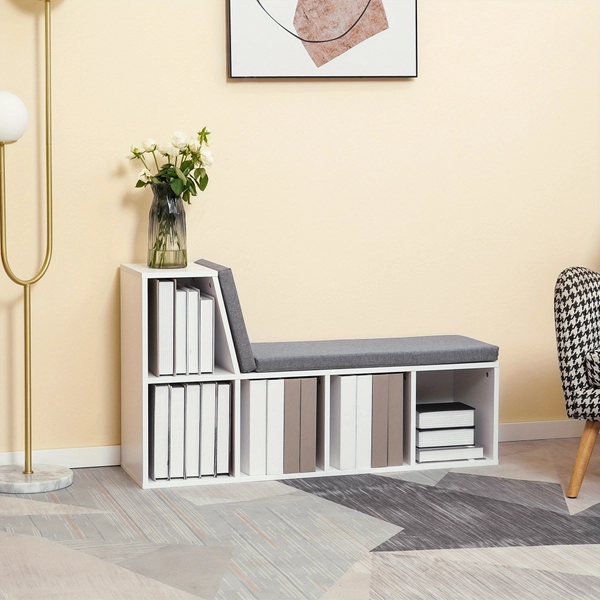 HOMCOM 5-Cubby Bookcase With Cushioned Reading Nook And Storage Shelves, Multi-Purpose Bookshelf With 5 Cubes, Grey