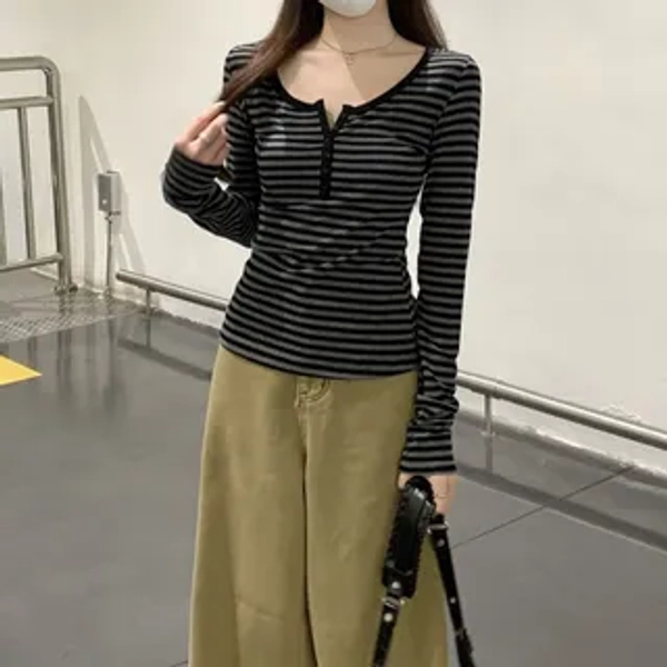 Long-Sleeve Striped Henley T-Shirt