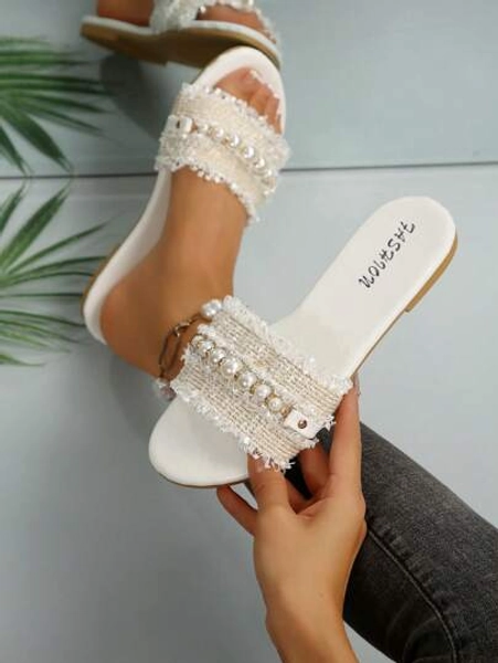 Women's Pearl Chain Decor Flat Sandals, White Satin Low Heel Slides, Vacation Slip-On Sandals, Big Size Valentines