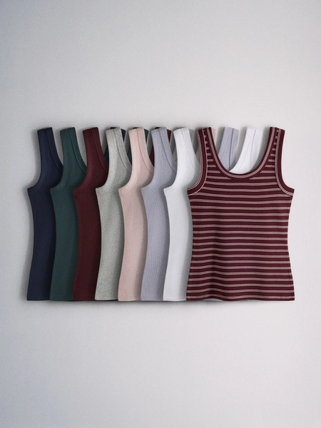 The Set 8 Pack Ribbed Scoop Vests Burgundy Red/Navy Blue/Stripe/Pink/Grey Marl/Blue - Size X-Small