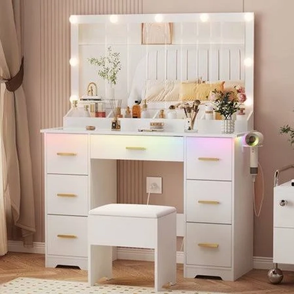 Vanity Desk with 38 inch Large Mirror and 9 LED Lights & Glass Top and Power Outlet, Adults Makeup Vanity with Chair and 7 Storage Drawers, Dressing